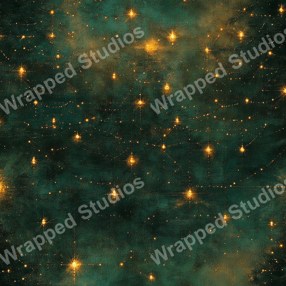 Elegant celestial pattern design with gold starbursts and constellations on a dark teal background.
