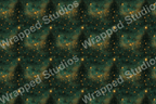 Christmas tree seamless pattern with gold star accents on a dark teal textured background.