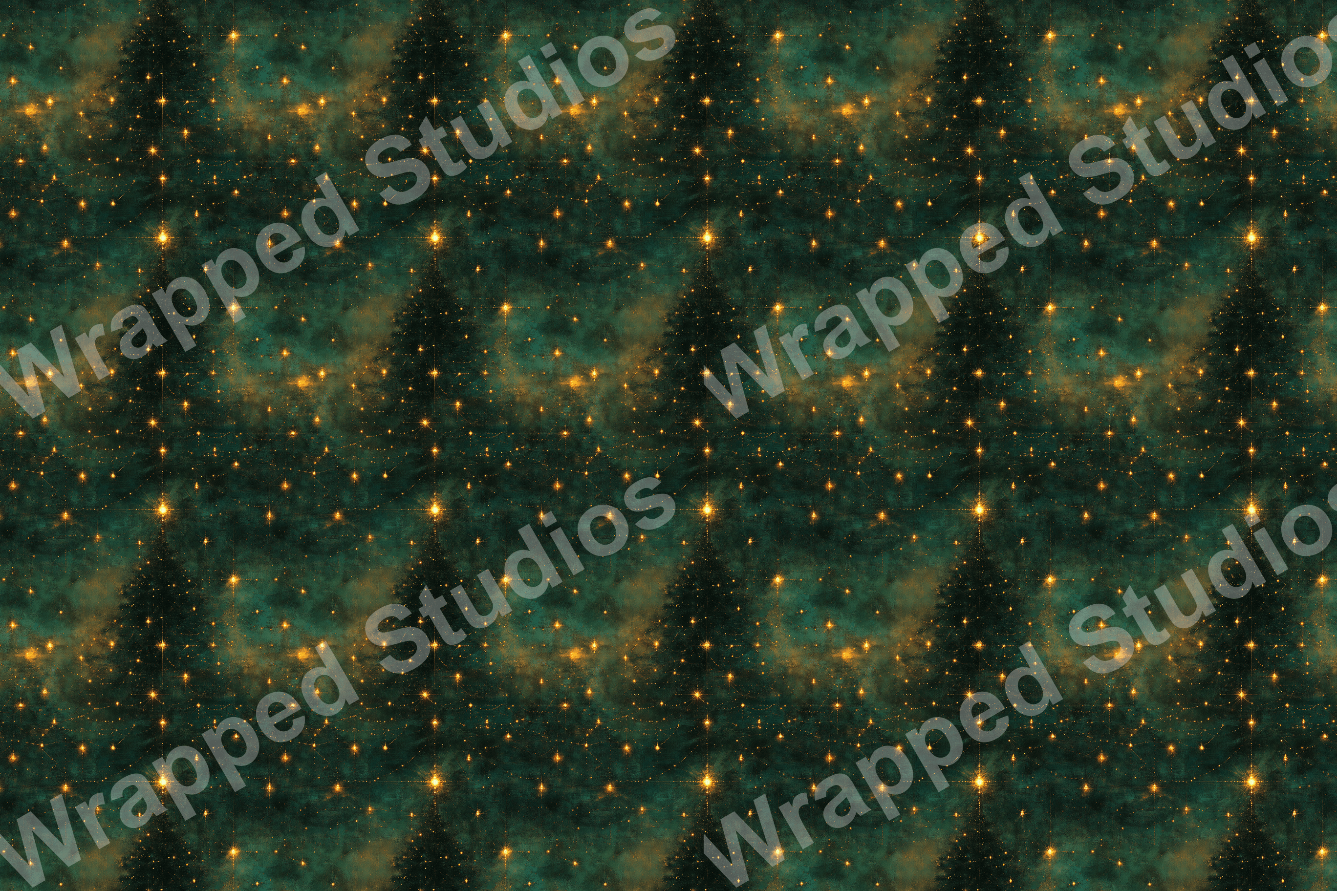 Christmas tree seamless pattern with gold star accents on a dark teal textured background.