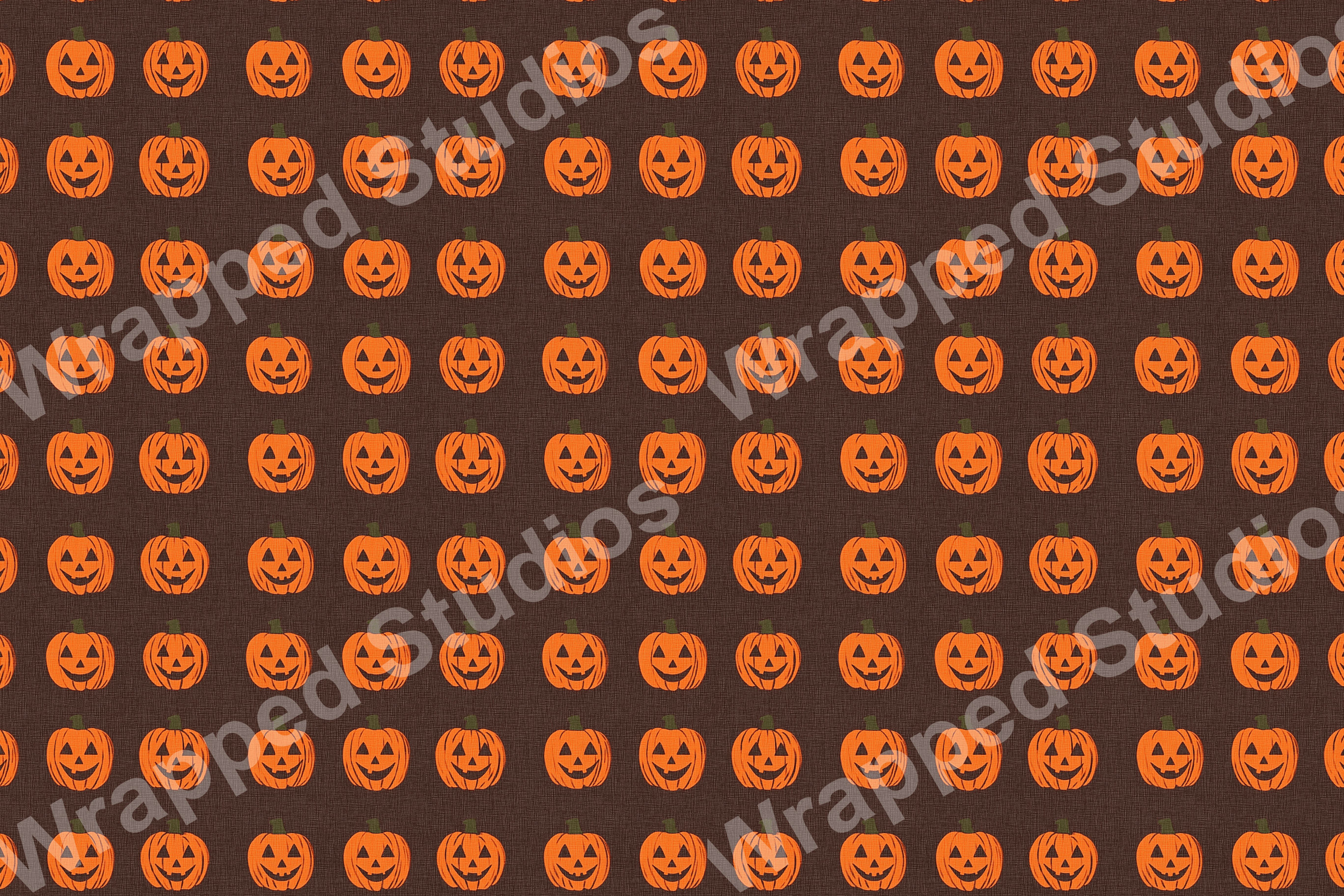 Repeating jack-o'-lantern pattern in orange on a dark brown background.