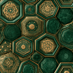 Luxurious emerald green and gold geometric pattern featuring ornate vintage floral mandalas and marble tiles.