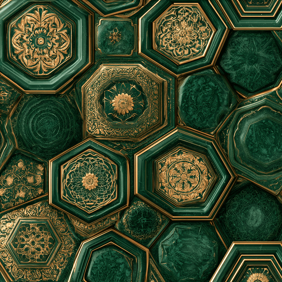 Luxurious emerald green and gold geometric pattern featuring ornate vintage floral mandalas and marble tiles.