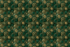 Elegant geometric pattern of emerald green marble and vintage gold floral hexagon tiles.