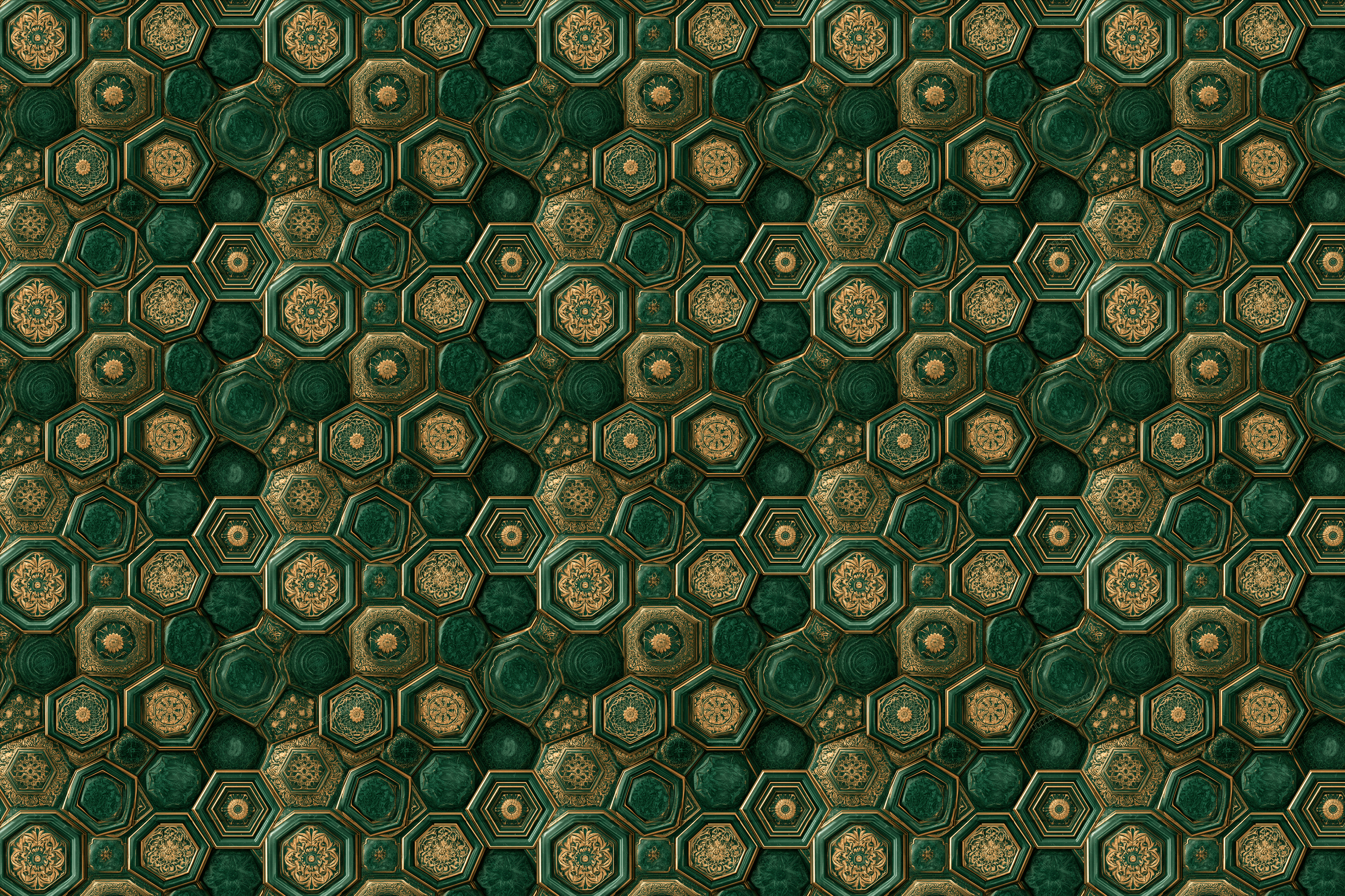Elegant geometric pattern of emerald green marble and vintage gold floral hexagon tiles.