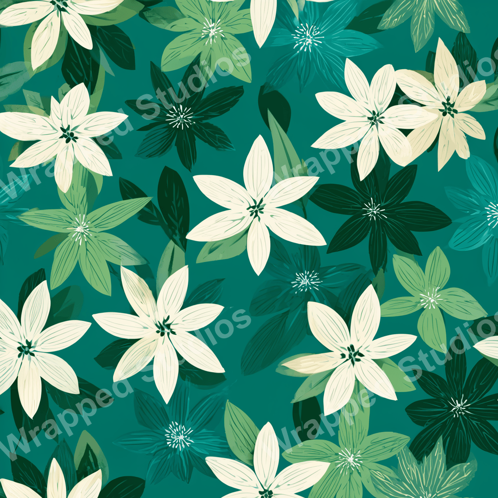 Seamless floral pattern with white blossoms and green foliage on a teal background.