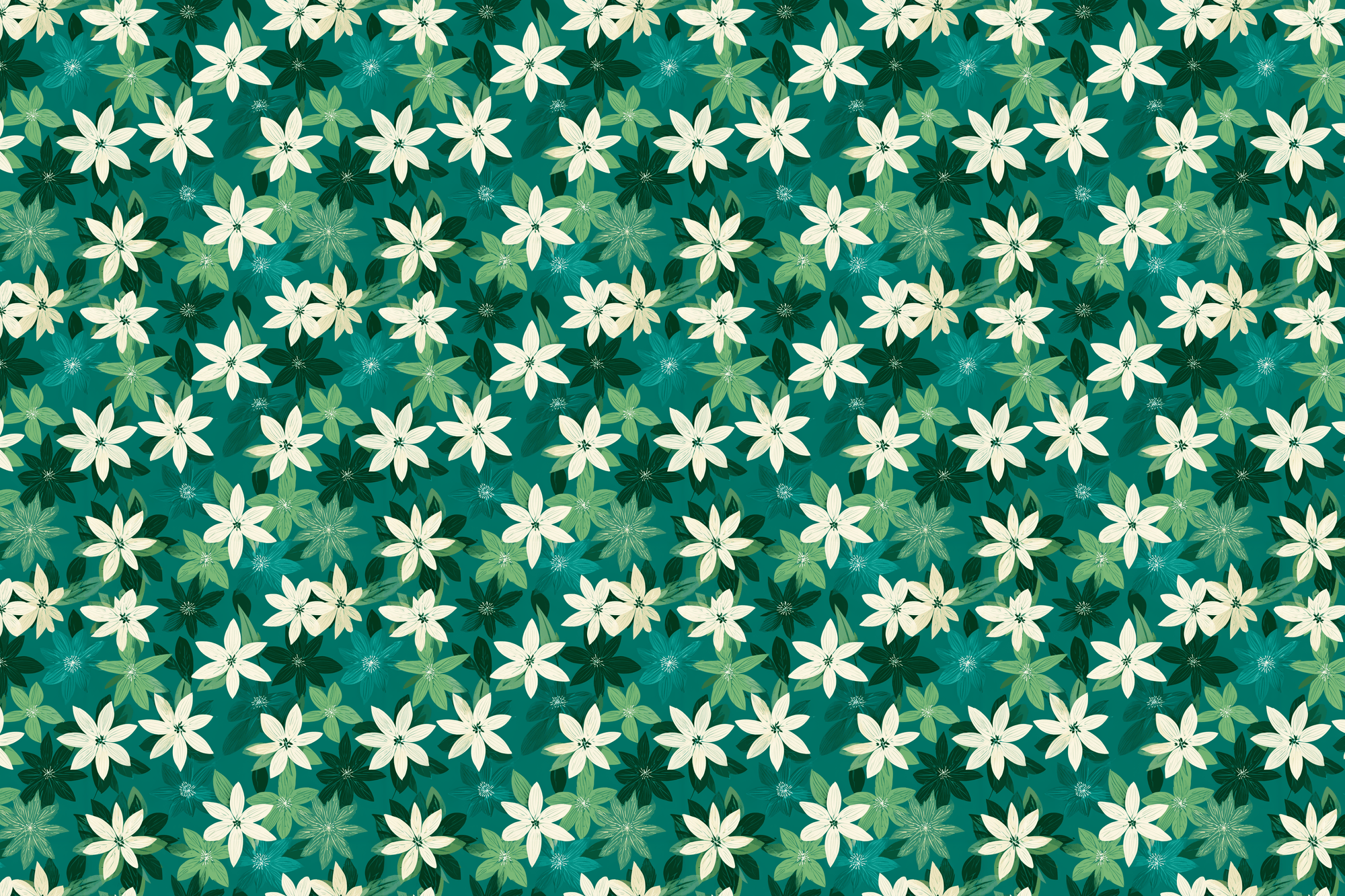 Pattern of white flowers on a teal background. Wrapped Studios wrapping paper