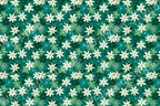 Seamless floral pattern with ivory flowers and muted green leaves on a teal background.