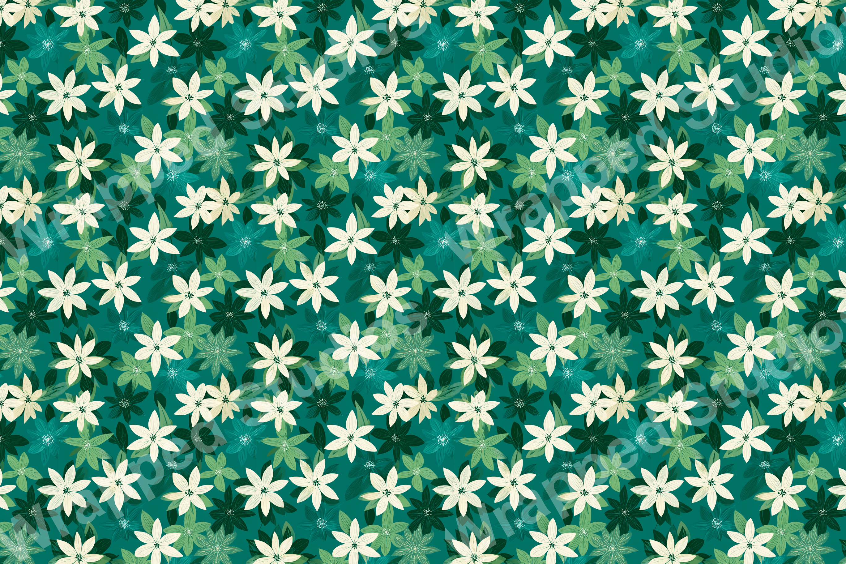 Seamless floral pattern with ivory flowers and muted green leaves on a teal background.