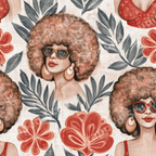 Retro 70s boho pattern featuring illustrated women with afros, sunglasses, red flowers, and grey leaves.