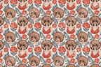 Retro 70s botanical pattern featuring illustrated women with afros, sunglasses, and vintage red flowers.
