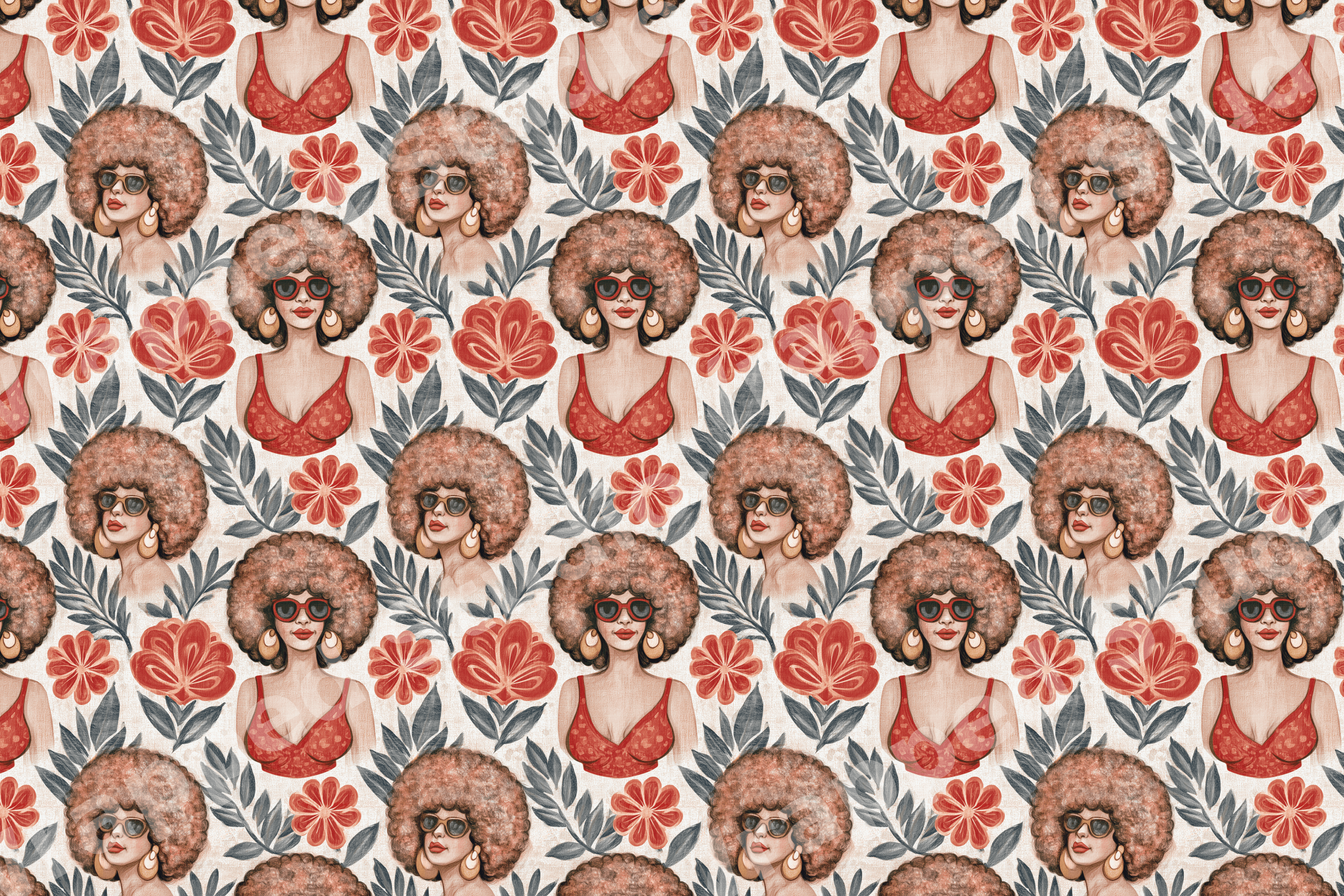 Retro 70s botanical pattern featuring illustrated women with afros, sunglasses, and vintage red flowers.