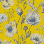 Vintage botanical floral pattern with elegant hand-drawn blue flowers on a bright yellow background.