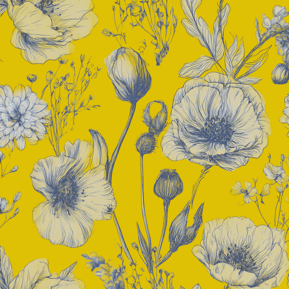 Vintage botanical floral pattern with elegant hand-drawn blue flowers on a bright yellow background.