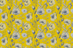 Vintage botanical floral pattern with blue hand-drawn poppy illustrations on a bright yellow background.