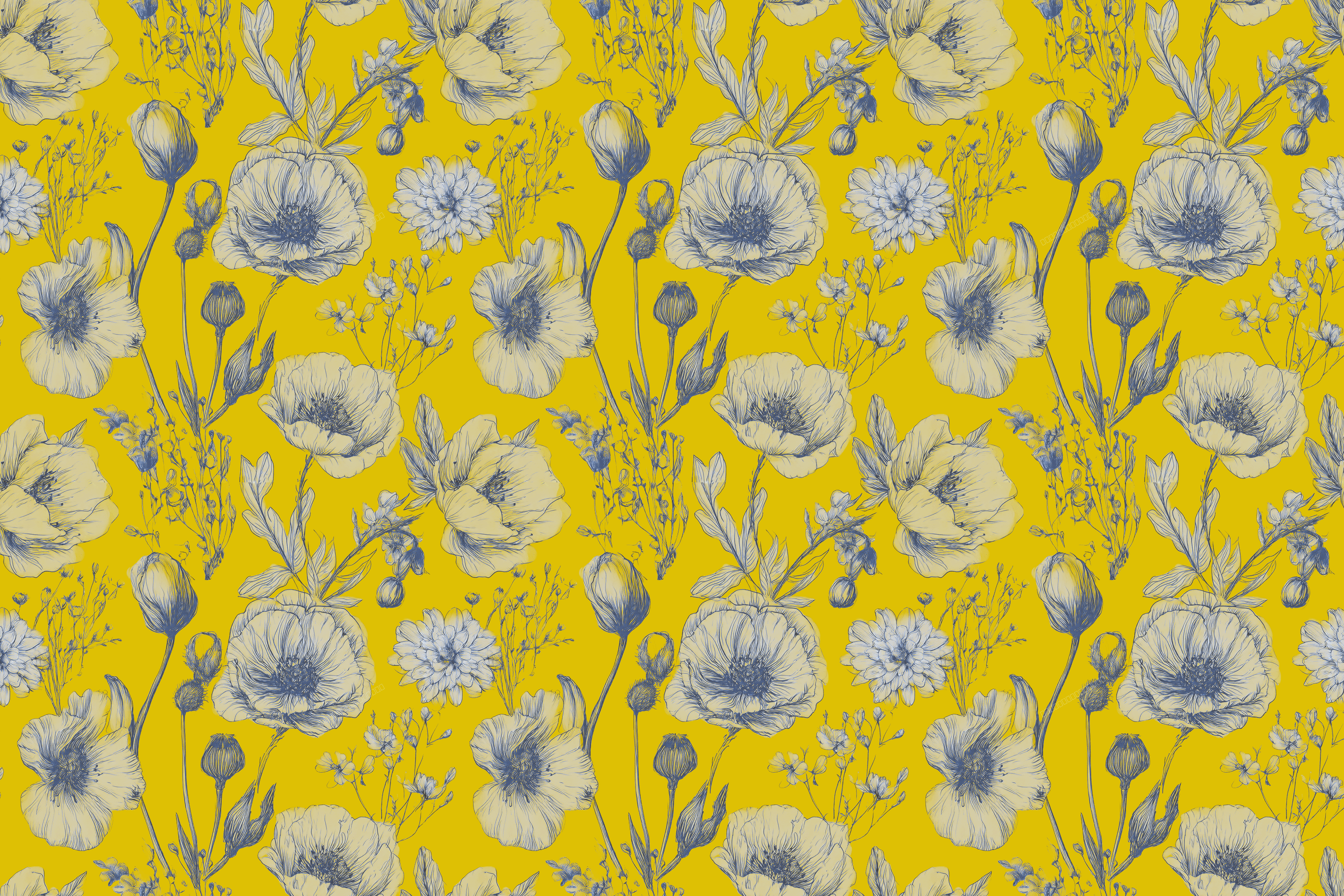 Vintage botanical floral pattern with blue hand-drawn poppy illustrations on a bright yellow background.