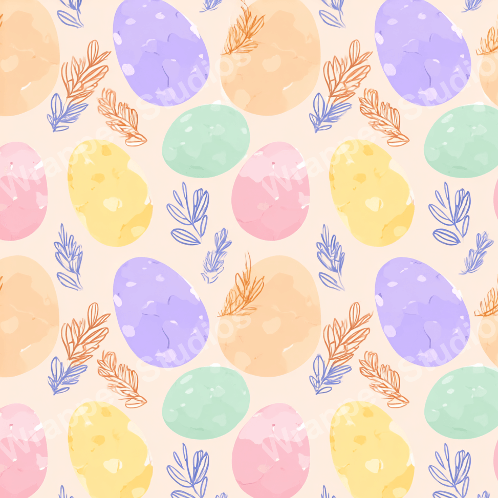 Pastel Easter egg pattern with delicate leaf sprigs on a light background.