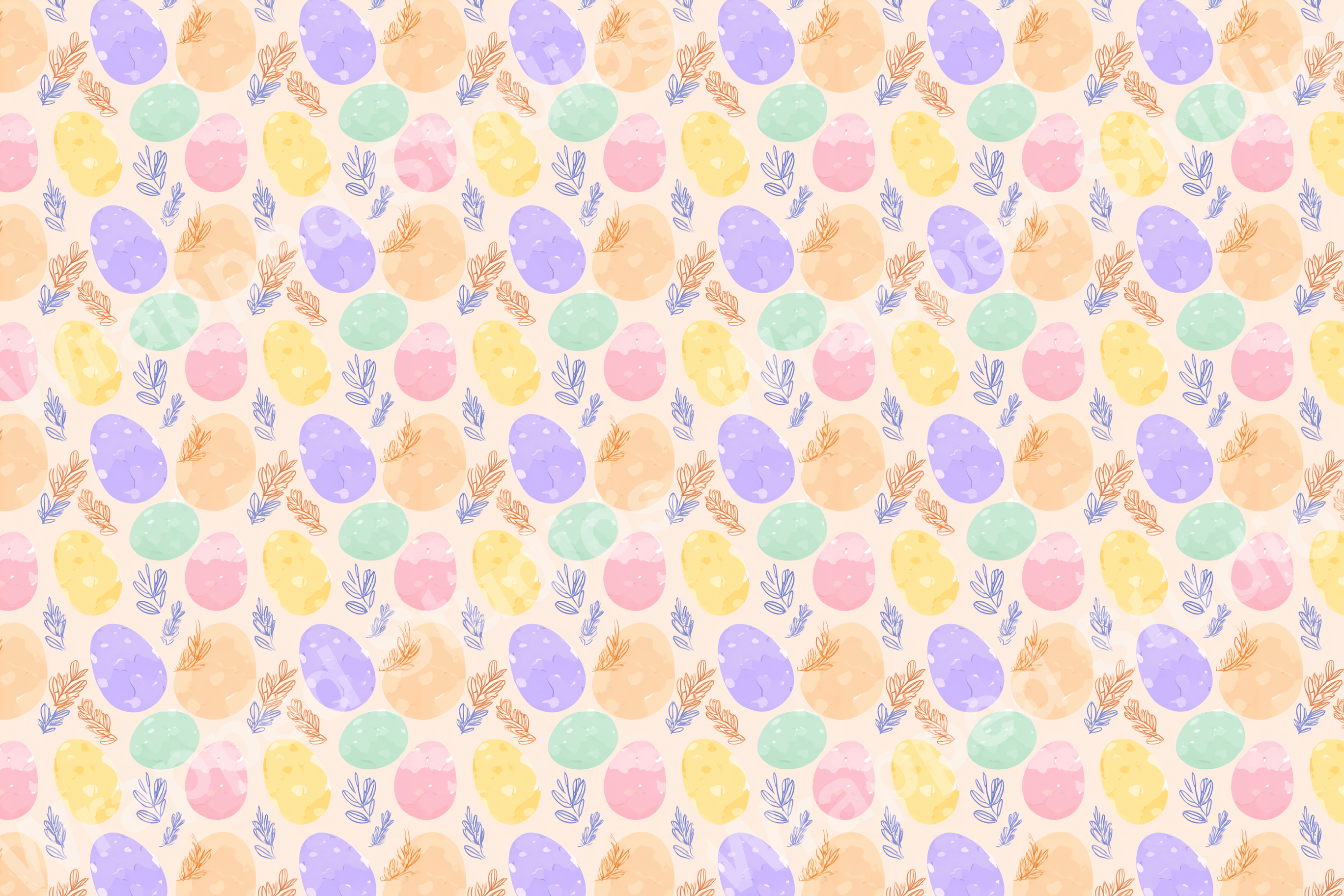 Pastel Easter egg pattern with hand-drawn leaves in pink, yellow, purple, orange, and green hues.