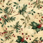 Vintage botanical pattern with green holly leaves, red berries, and pine branches on a textured beige background.