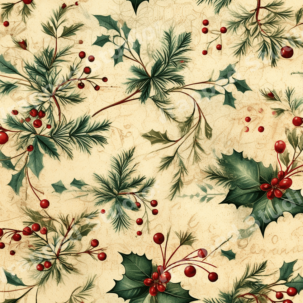 Vintage botanical pattern with green holly leaves, red berries, and pine branches on a textured beige background.