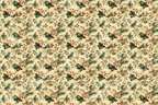 Vintage botanical pattern with Christmas holly leaves, red berries, and pine needles on a cream background.