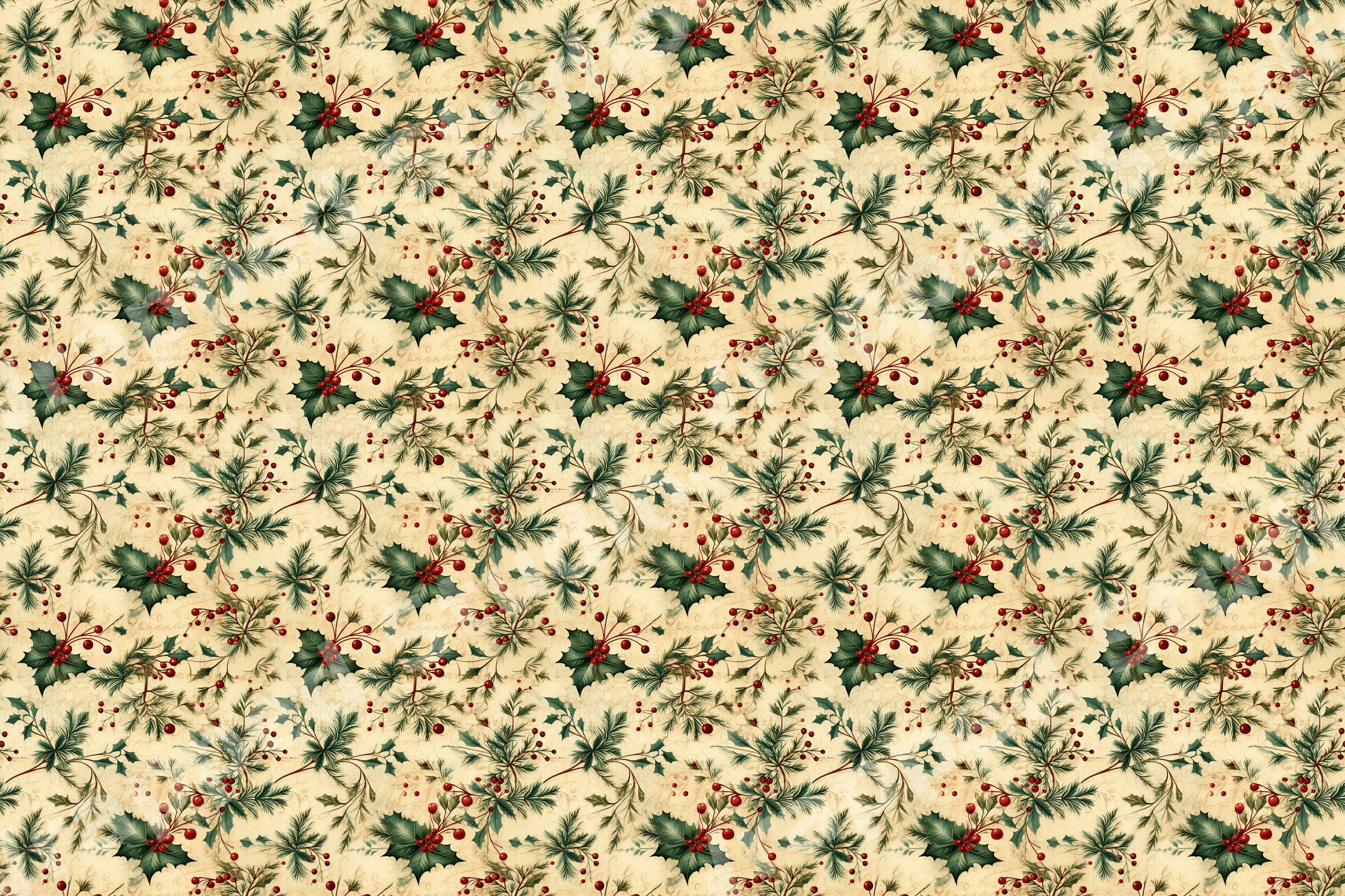 Vintage botanical pattern with Christmas holly leaves, red berries, and pine needles on a cream background.