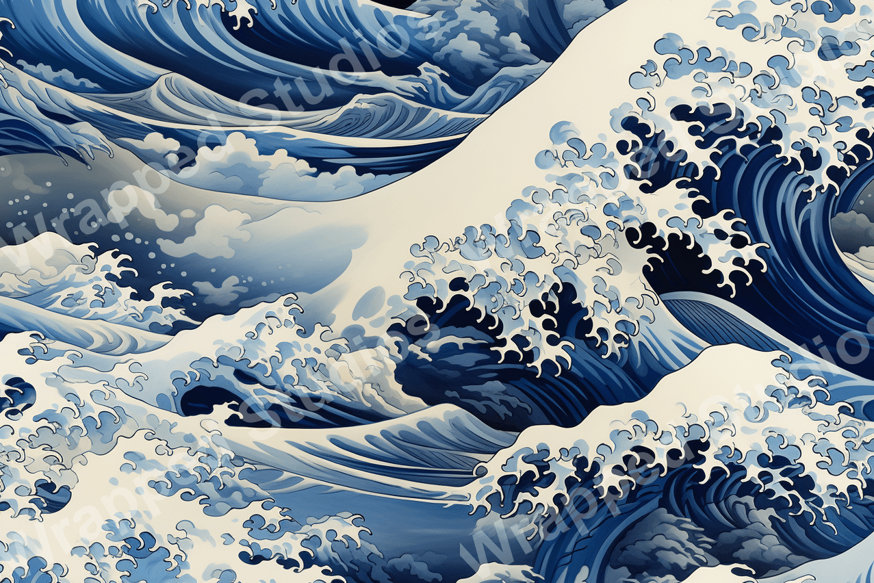 Blue and white ocean wave pattern, evoking a vintage Japanese art aesthetic.