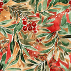 Watercolor winter floral pattern with green leaves, red berries, and white speckles on a warm red and brown.