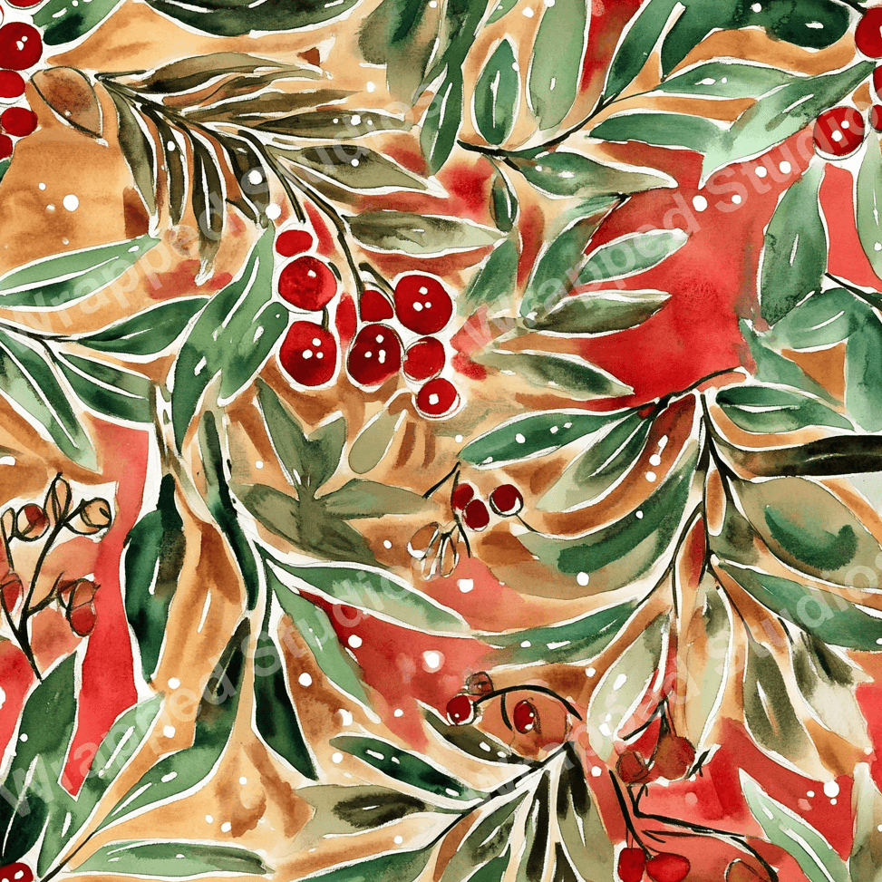 Watercolor winter floral pattern with green leaves, red berries, and white speckles on a warm red and brown.