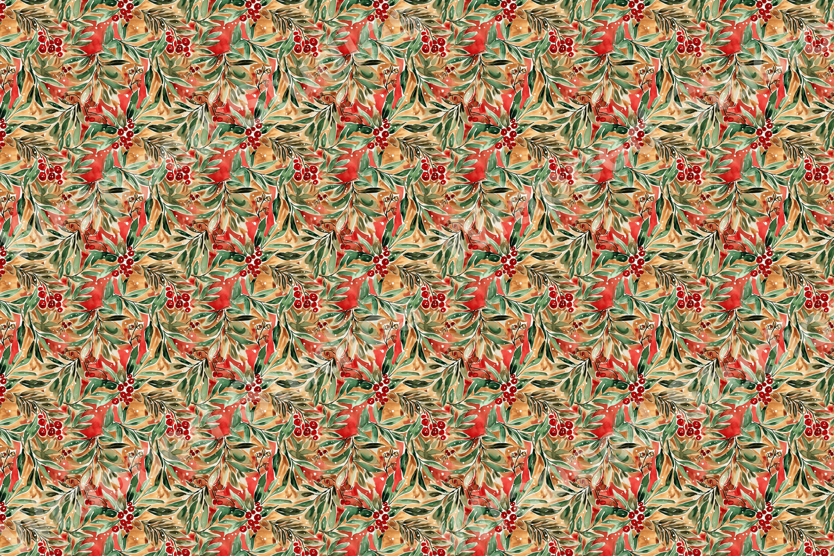 Watercolor holiday pattern with red berries, deep green leaves, and white accents on a warm gold and red ground.