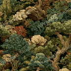 Detailed forest pattern with pine trees, foliage, and floral accents in shades of green, brown, and cream.
