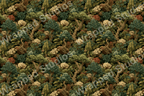 Detailed botanical pattern with trees, flowers, and foliage in shades of green, brown, and cream.
