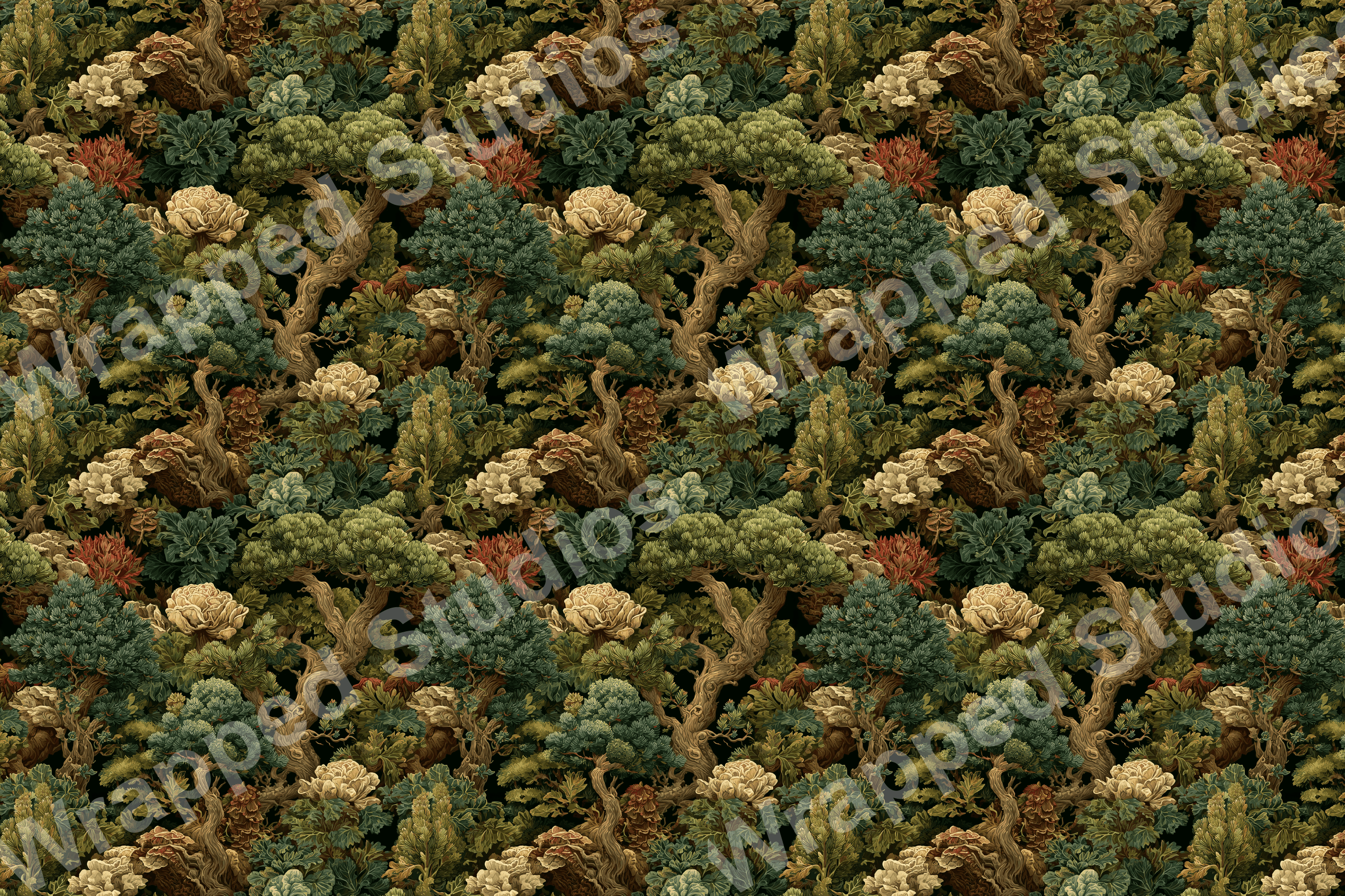 Detailed botanical pattern with trees, flowers, and foliage in shades of green, brown, and cream.