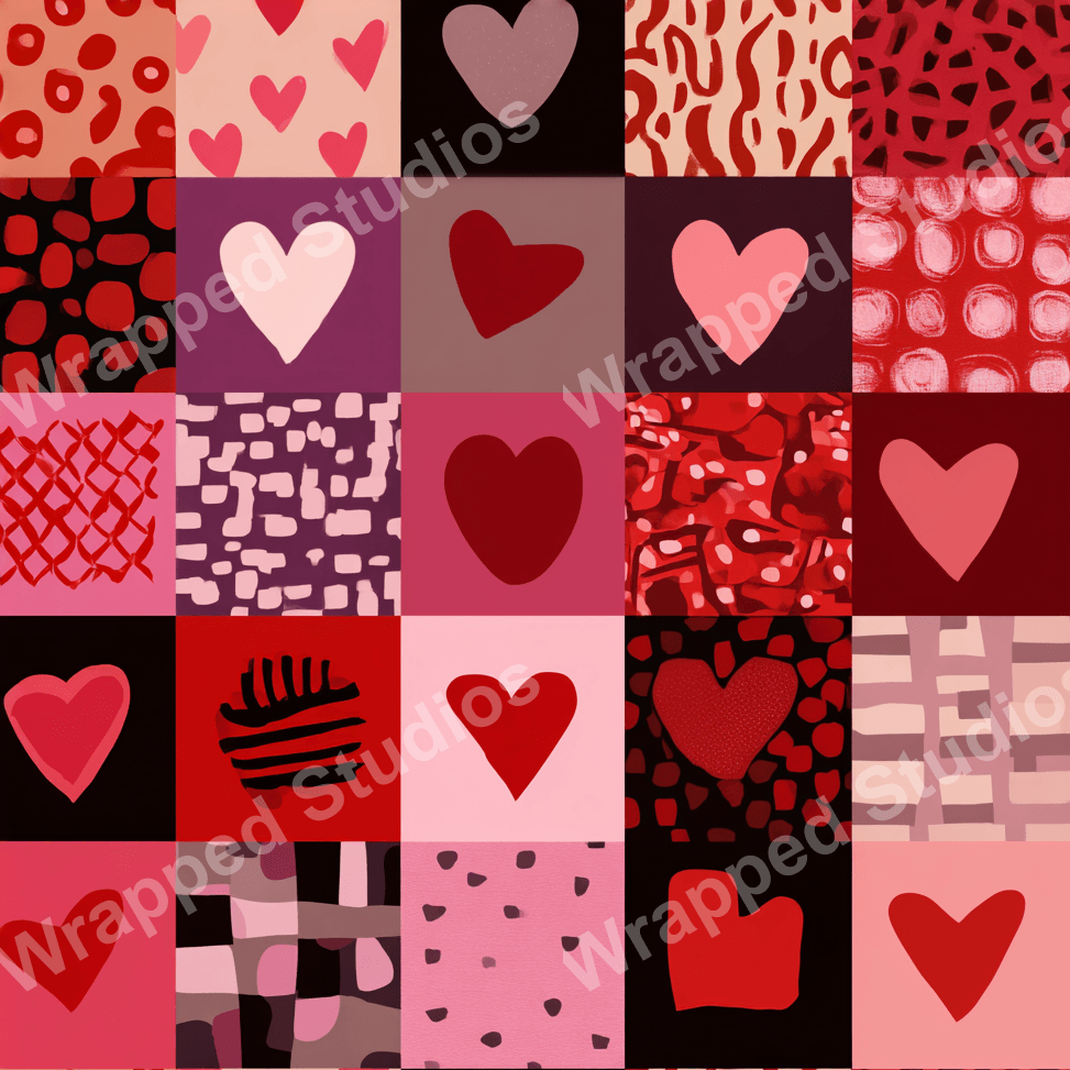 Abstract heart pattern in various shades of red, pink, and black, with a playful, modern aesthetic.