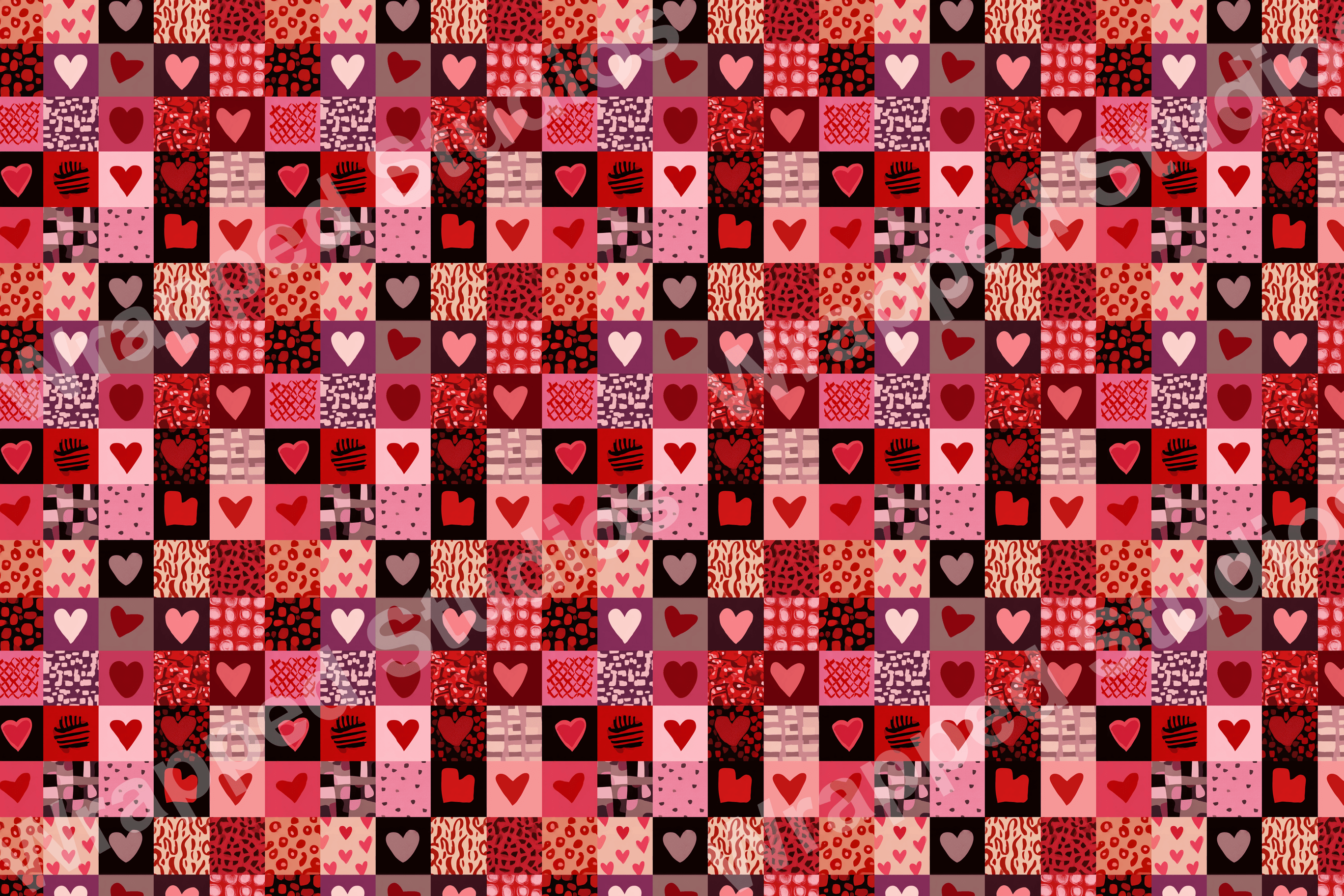 Romantic patchwork heart pattern in various shades of red, pink, and black, featuring diverse textures and playful elements.
