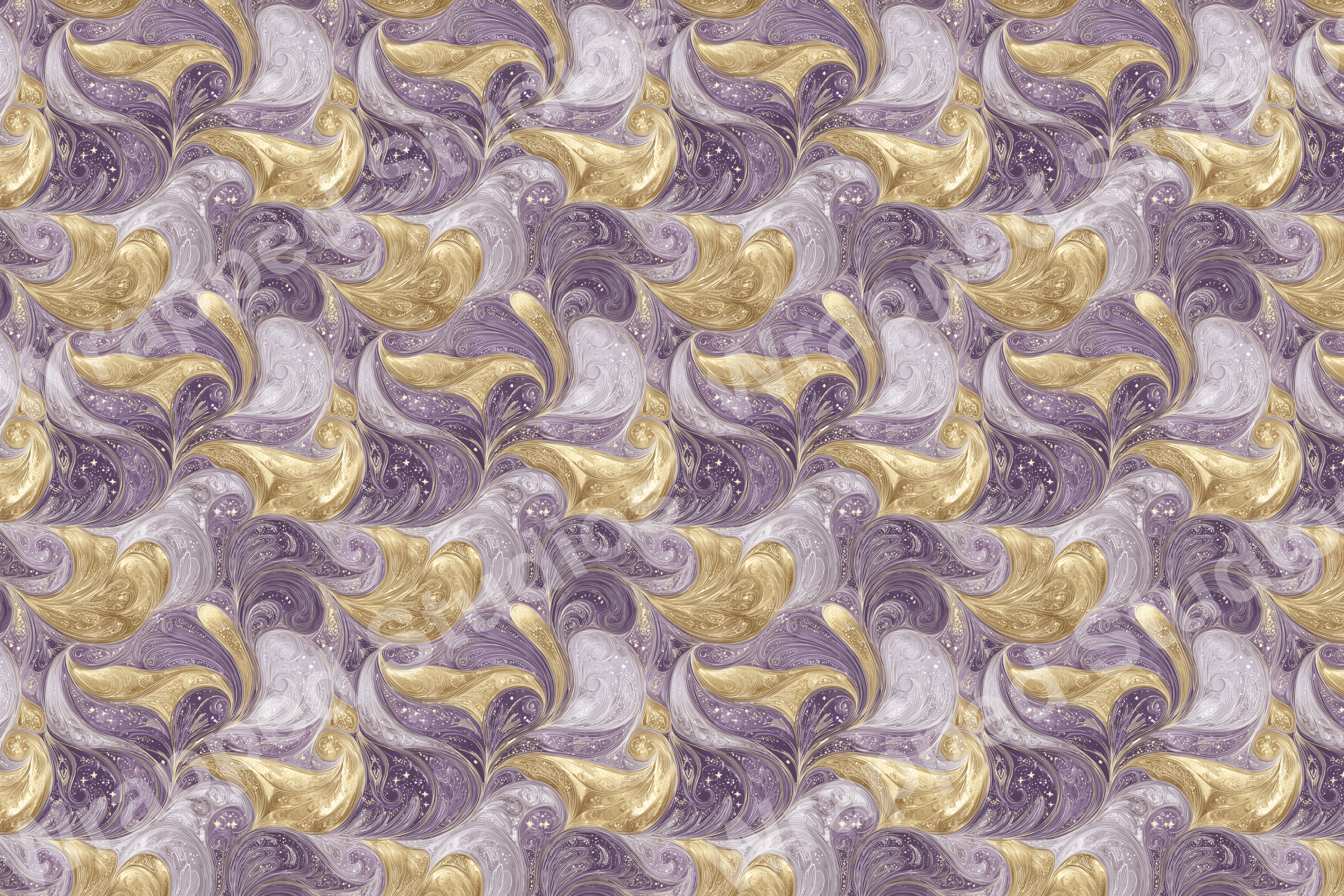 Elegant swirling seamless pattern in gold, lilac, and white with starry accents.