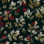 Elegant botanical pattern with red and white berries, and gold foliage on a dark green background.