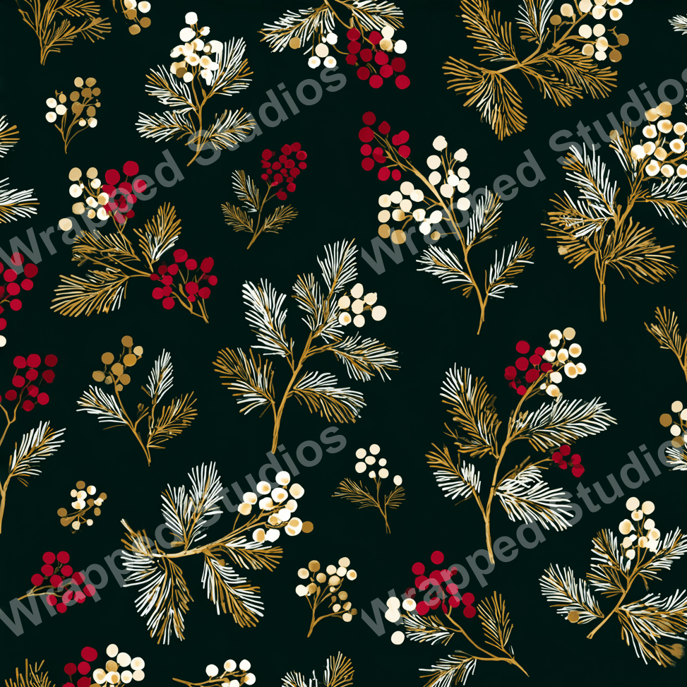 Elegant botanical pattern with red and white berries, and gold foliage on a dark green background.