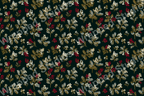 Festive botanical pattern with red and white berries, plus gold branches, on a dark green background.