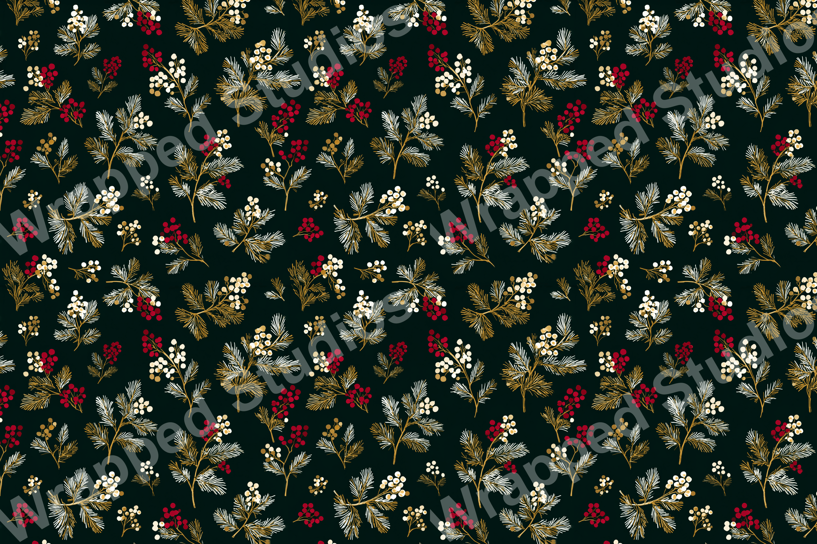 Festive botanical pattern with red and white berries, plus gold branches, on a dark green background.