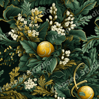 Vintage botanical pattern with dark green foliage, white flowers, and elegant gold ornaments.