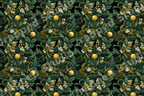 Elegant vintage holiday botanical pattern with golden ornaments and white flowers on dark green foliage.