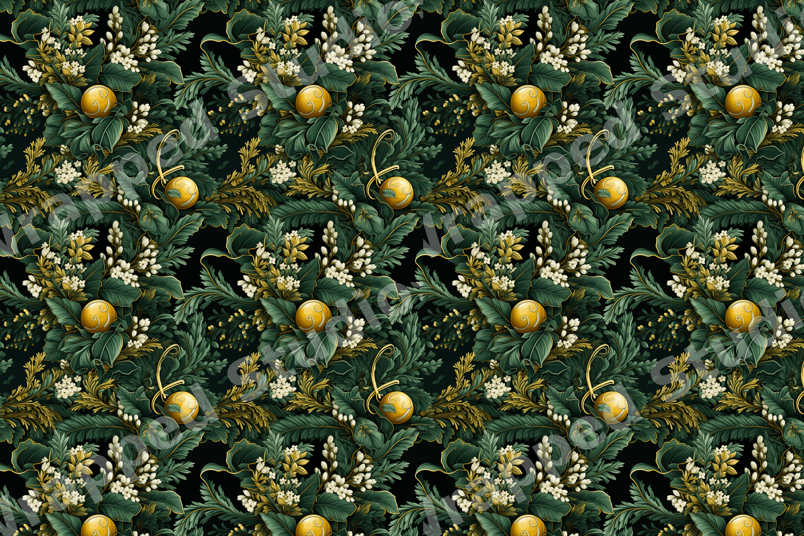 Elegant vintage holiday botanical pattern with golden ornaments and white flowers on dark green foliage.