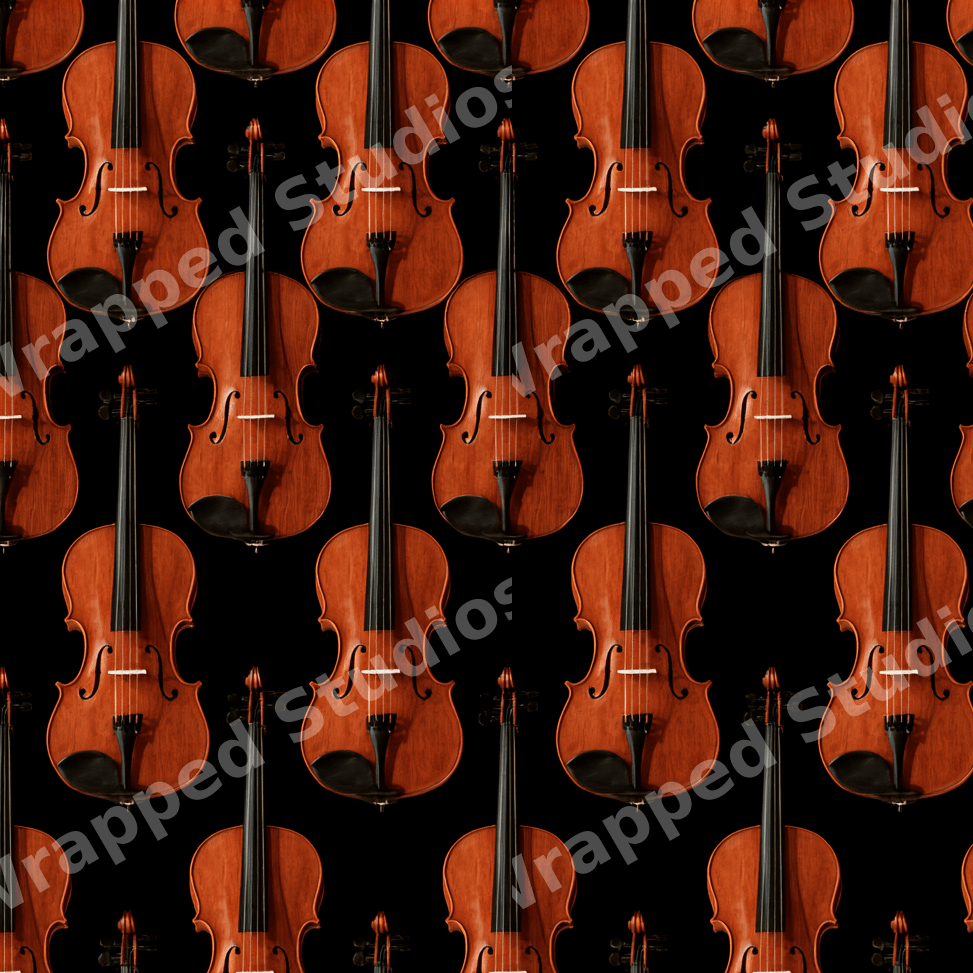Seamless violin pattern featuring classic brown wooden musical instruments on a solid black background.