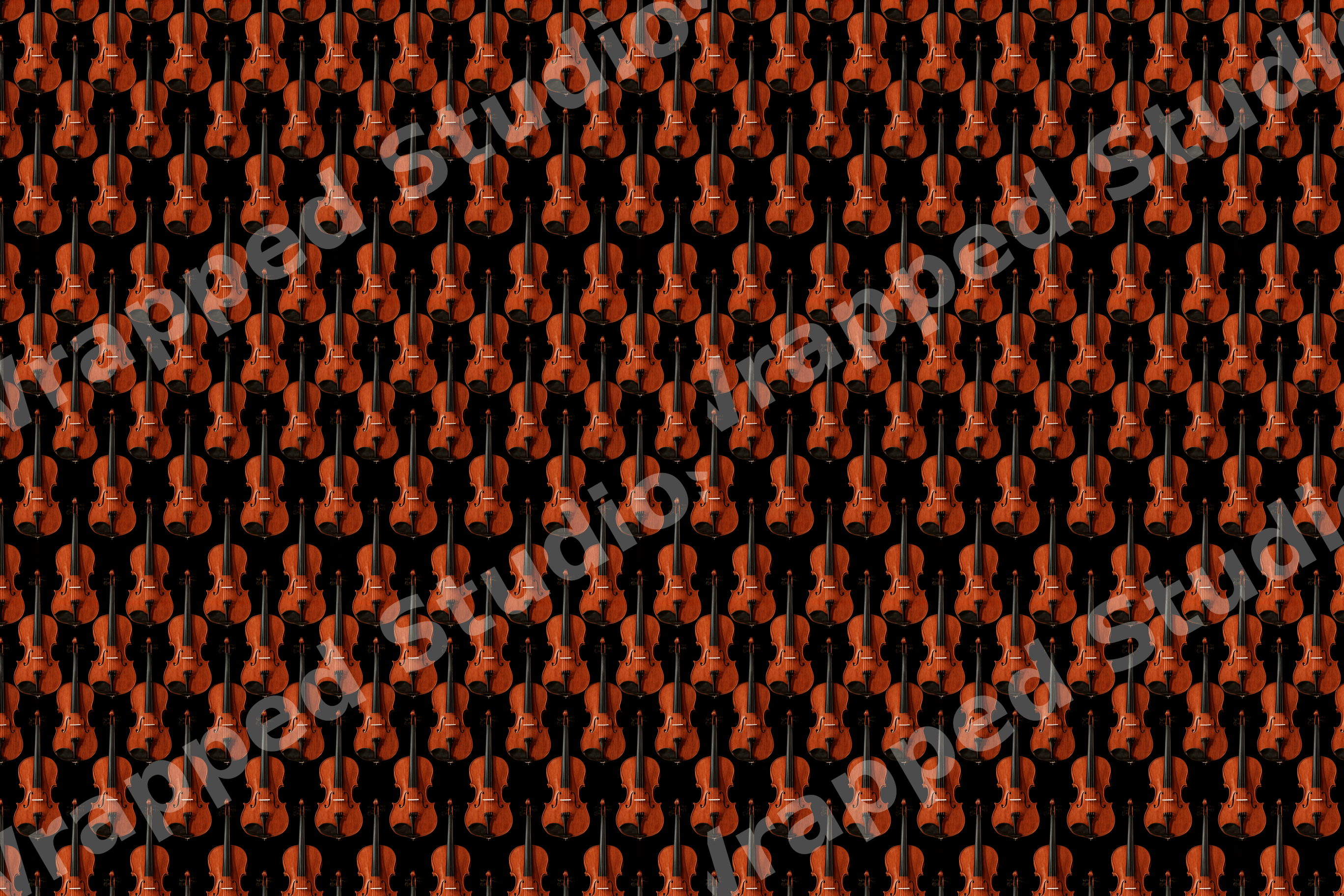 Elegant violin pattern with repeating brown wooden classical instruments on a black background.
