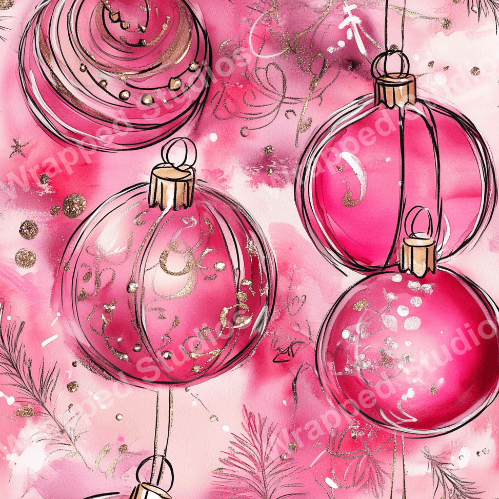 Whimsical Christmas ornament pattern in pink watercolor with gold glitter accents and sketchy botanical details.