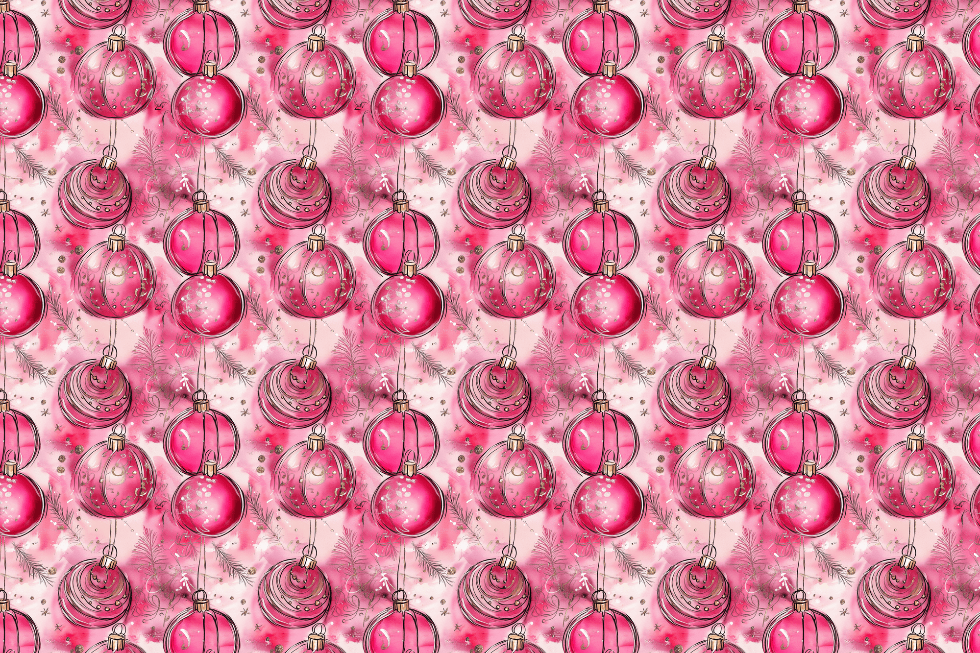 Pattern of pink Christmas ornaments on a pink background