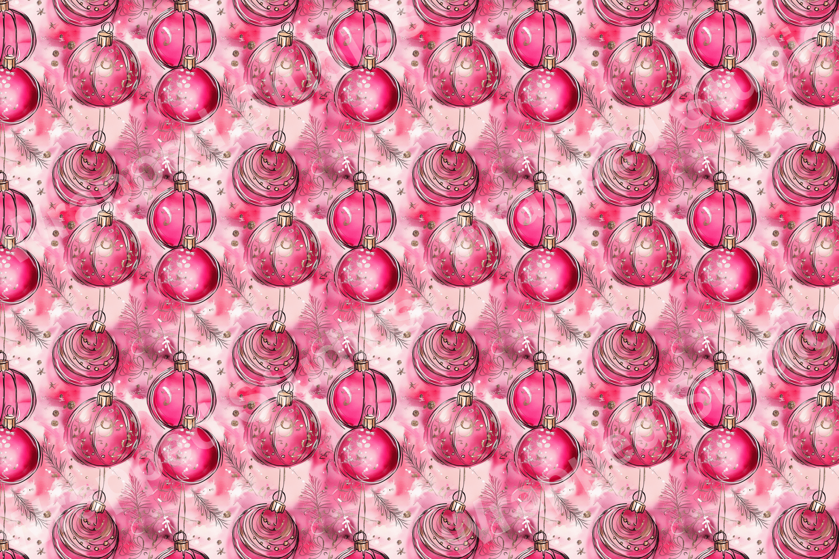 Seamless Christmas ornament pattern with pink watercolor splashes and gold glitter accents.