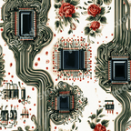Seamless steampunk floral pattern featuring green circuit board traces and vintage red roses.