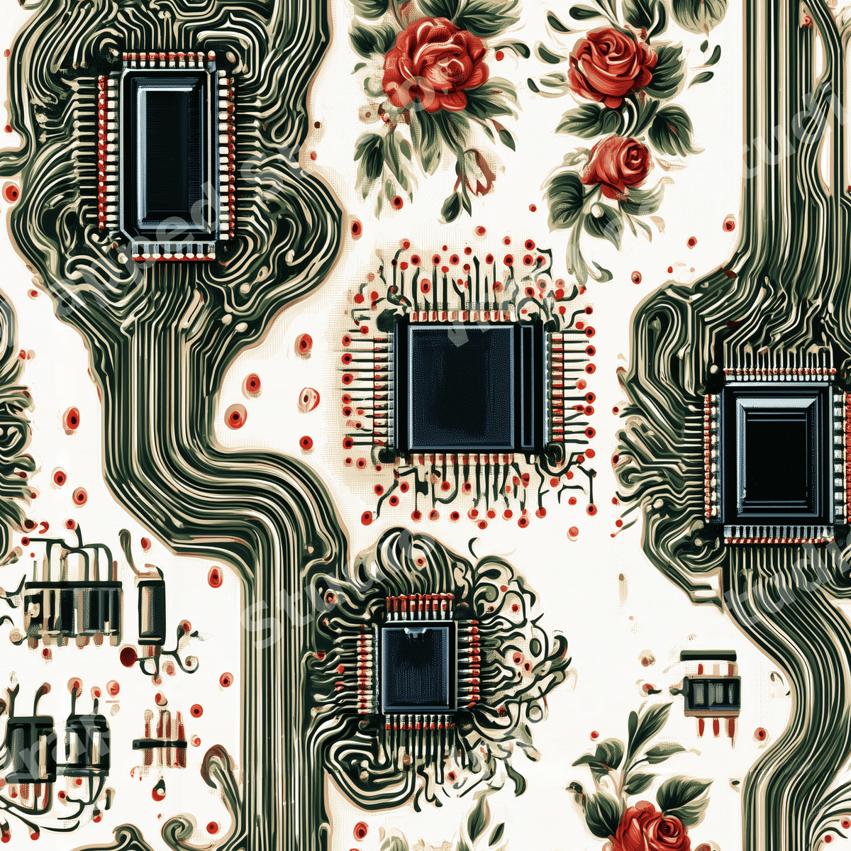 Seamless steampunk floral pattern featuring green circuit board traces and vintage red roses.