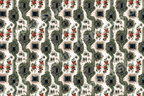 Vintage floral and green circuit board pattern with red roses and microchip details.